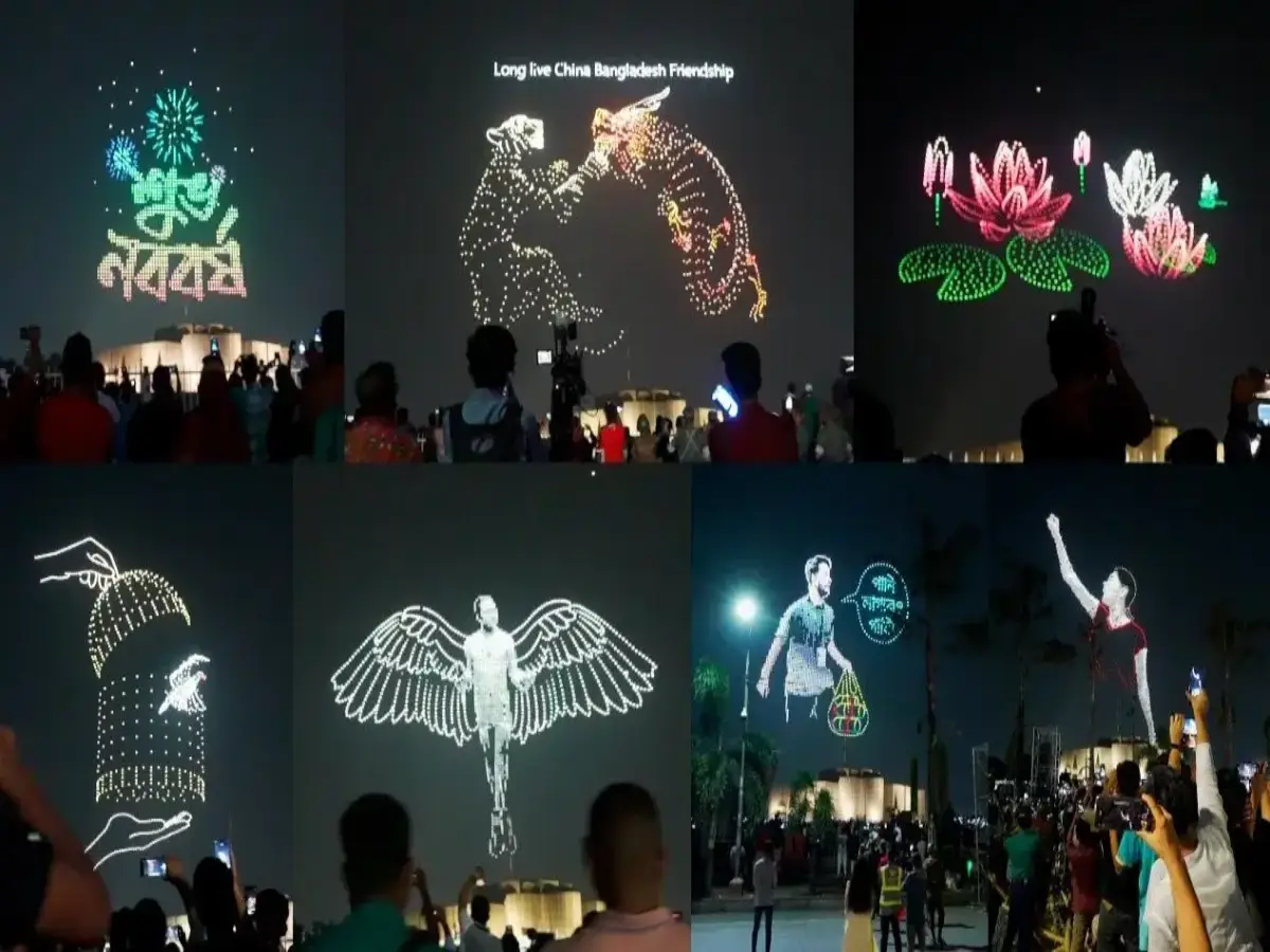 Six-panel composite of Crostars drone light show night performances over Dhaka parliament for Pohela Boishakh 2025 — including Bengali New Year text formation and Long live China Bangladesh Friendship text with dragon and tiger