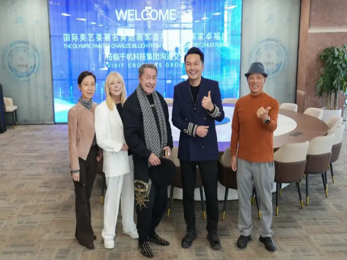 Olympic artist Charles Billich and wife Christa Billich with Crostars Chairman Shi Zheyuan at Crostars Shanghai headquarters, November 2025