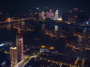 Crostars 3,000 drones forming galloping horses above Wuhan Yangtze River skyline for Lunar New Year, 2026