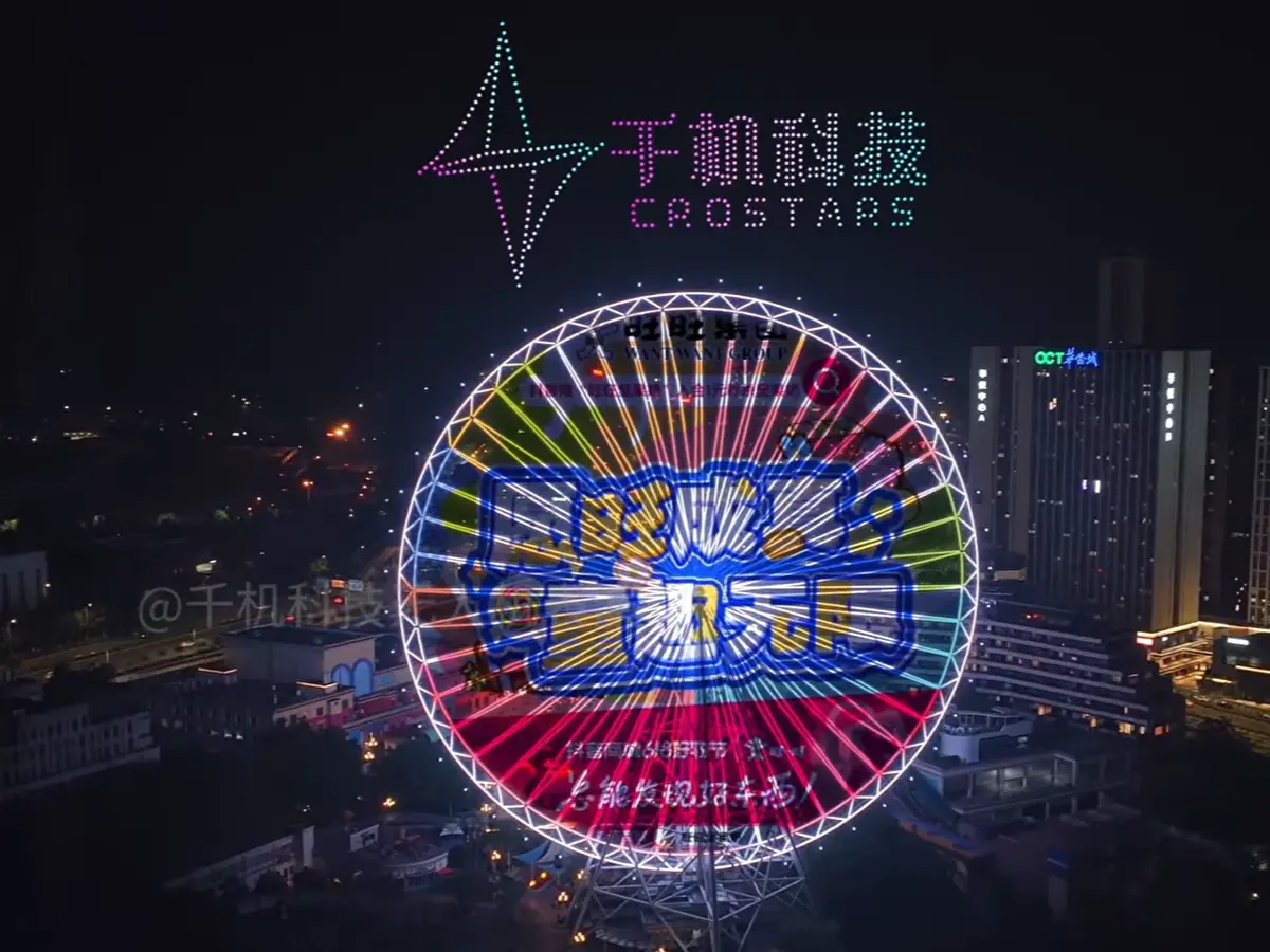 Crostars 500 drones forming Crostars logo above illuminated Ferris wheel with Want Want Group branding, Chongqing