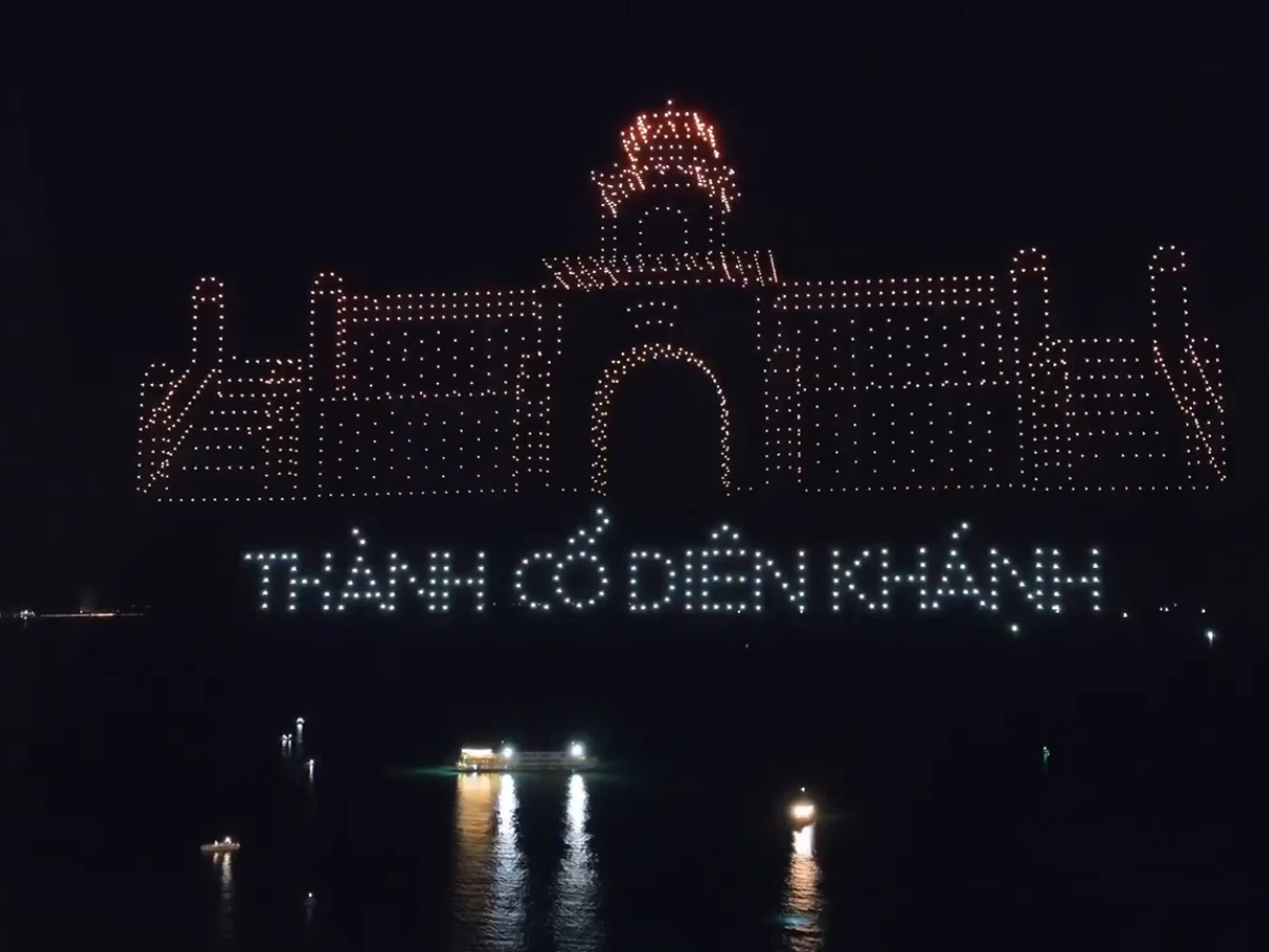 Crostars drones forming Dien Khanh ancient citadel above Nha Trang harbor for Ocean Festival, Vietnam 2023