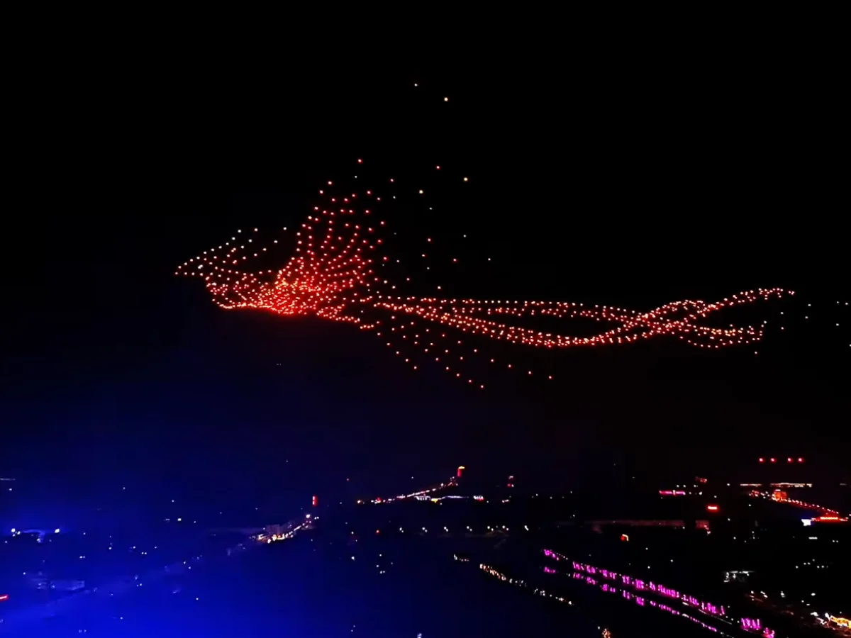 Crostars drones forming graceful flying phoenix above Luohe city skyline for New Year's Day celebration, 2026