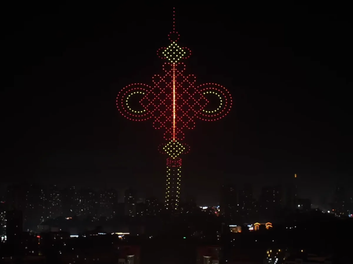 Crostars drones forming traditional Chinese knot design above Chongqing Changshou skyline for Spring Festival, 2026