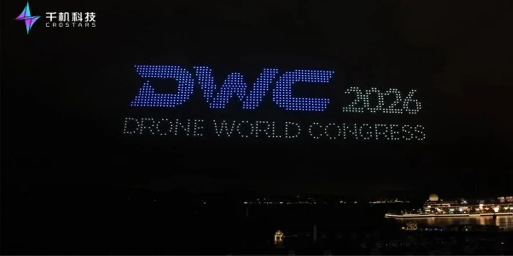 Crostars 2,000-drone show spelling Drone World Congress DWC 2026 in the Shenzhen night sky